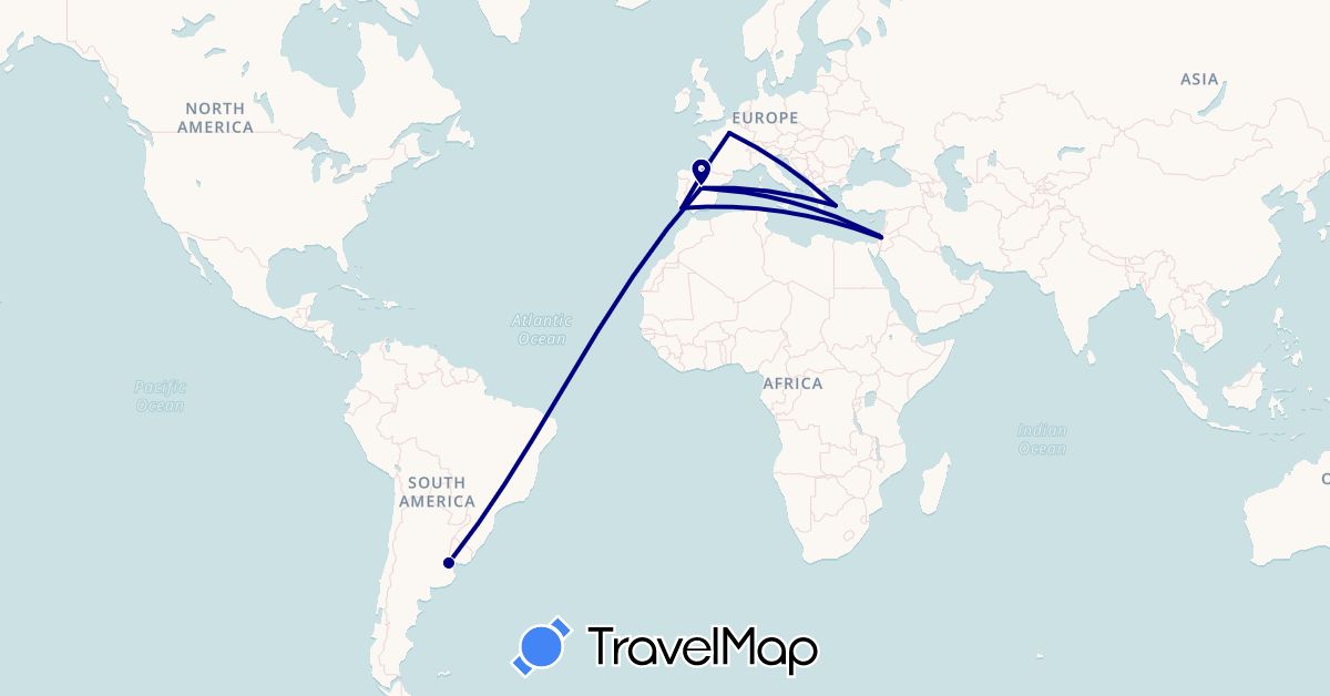 TravelMap itinerary: driving in Argentina, Spain, France, Greece, Israel, Portugal (Asia, Europe, South America)
